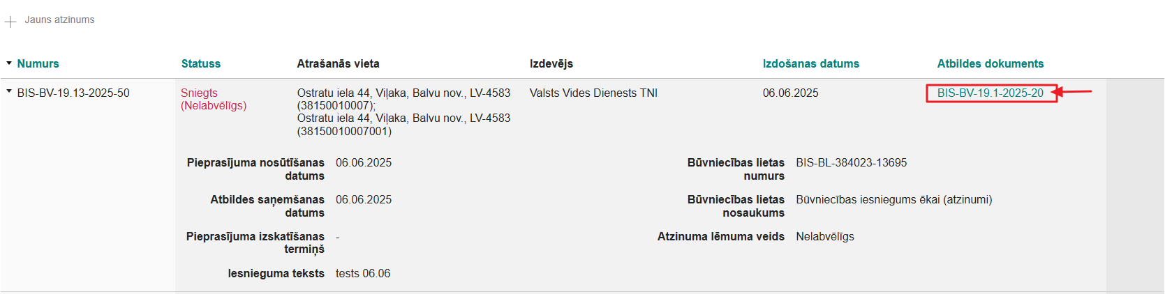 Attēls. Atzinuma atbildes dokumenta atvēršana.