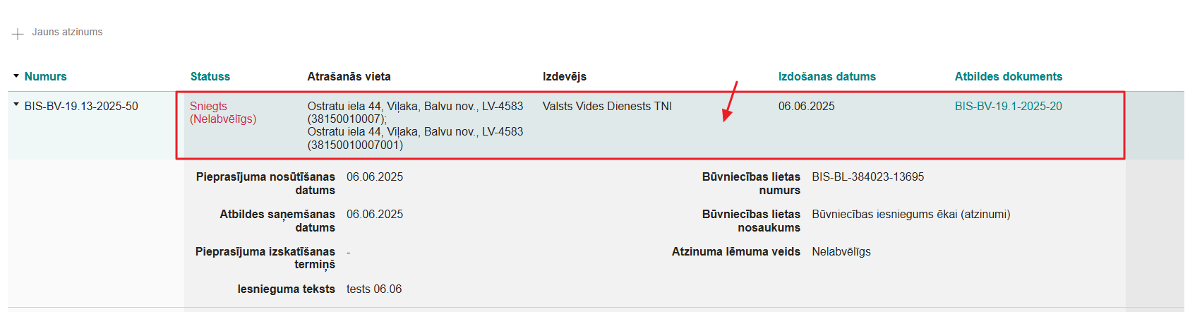 Attēls. Atvērt Atzinuma pieprasījumu.