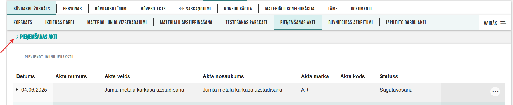 Attēls. Izvērst/savērst Pieņemšanas aktu meklēšanas sadaļu.