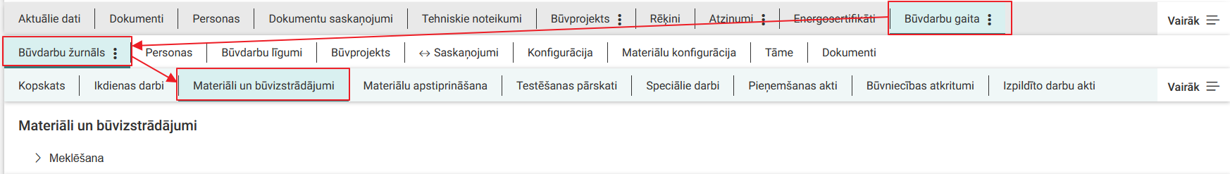 Attēls. Atvērt būvdarbu žurnāla sadaļu %22Materiāli un būvizstrādājumi.
