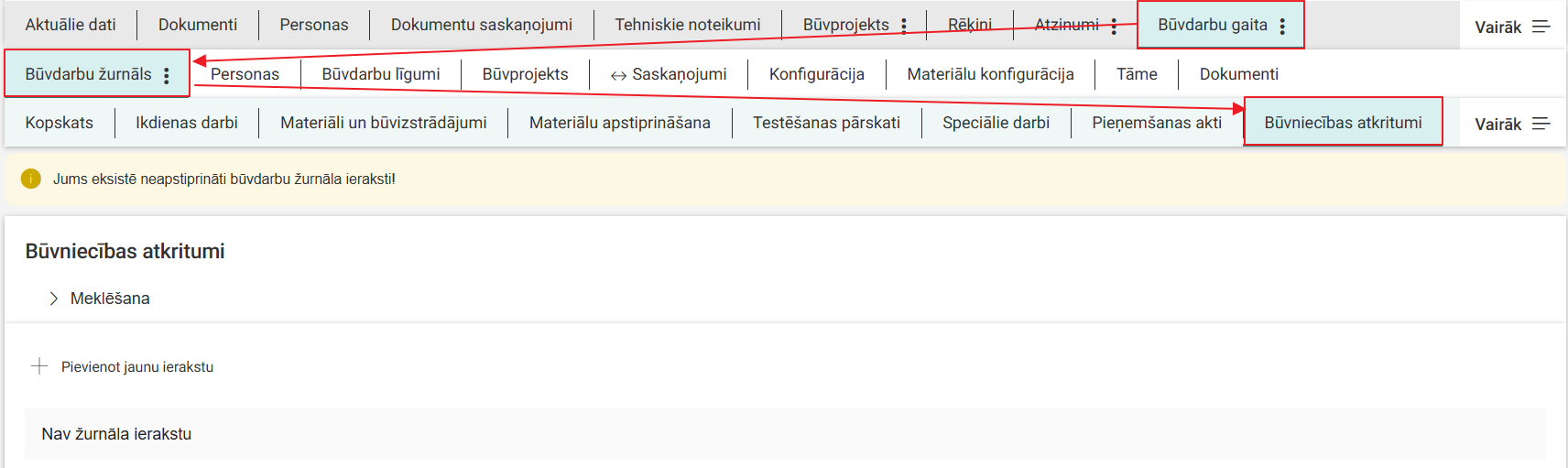 Attēls. Atvērt Būvdarbu žurnāla sadaļu %22Būvniecības atkritumi%22.