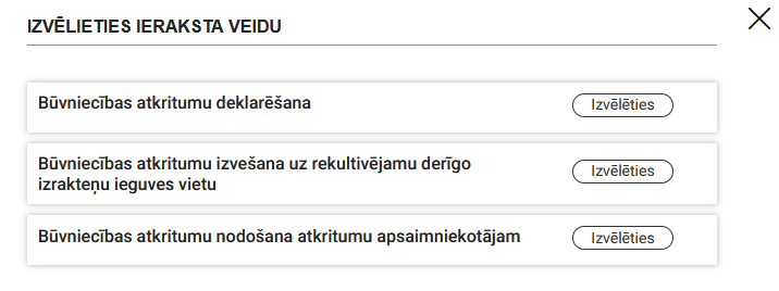 Attēls. Jauna ieraksta veida izvēle sadaļā %22Būvniecības atkritumi%22.
