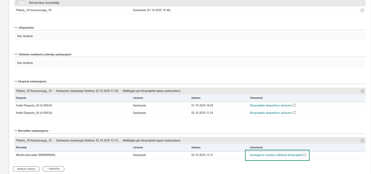 Attēls. Būvprojekta lapas saskaņojums.