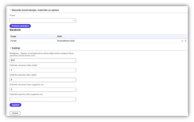 Attēls. Jānorāda būvei nesošās konstrukcijas un rādītāji.