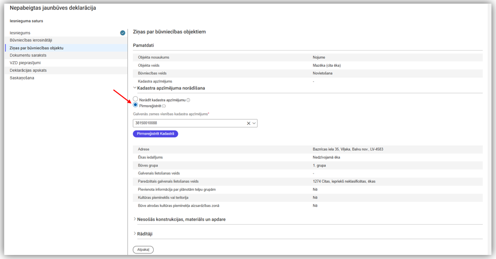 Attēls. Pirmsreģistrācijas opcija jaunbūves deklarācijā.