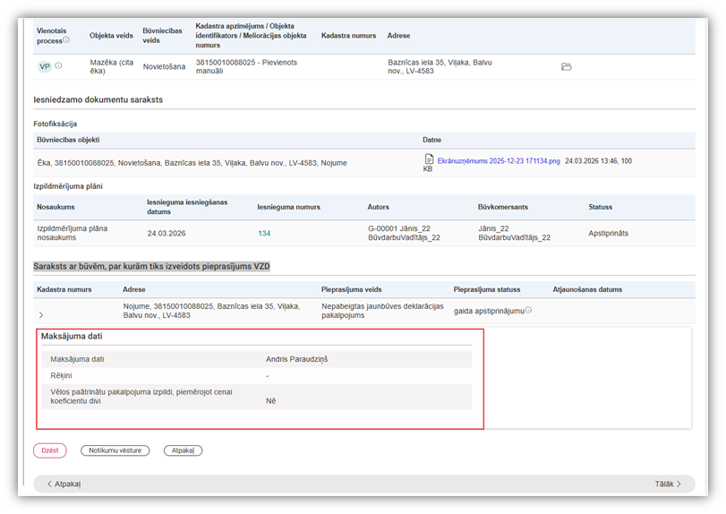 Attēls. Deklarācijas kopskatā maksājuma datu atrādīšana.
