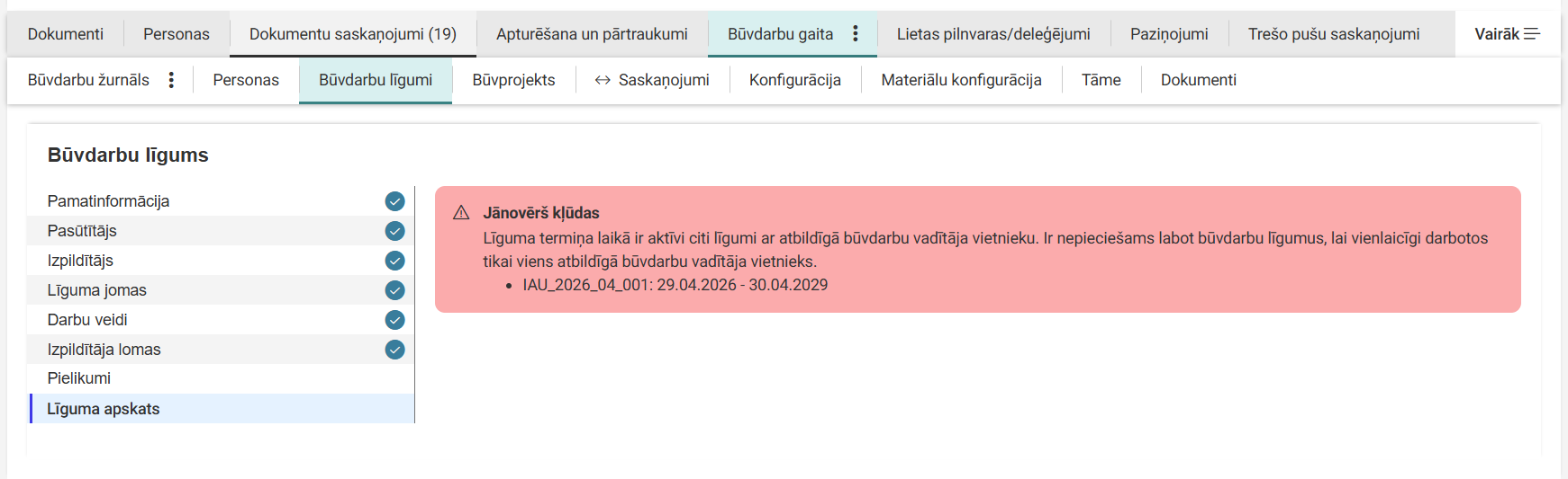 Attēls. Kļūdas paziņojums, ja pārklājas līguma termiņi.