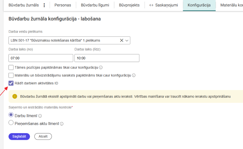 Attēls. Rādīt darbiem aktivitātes ID - pazīmes norādīšana.
