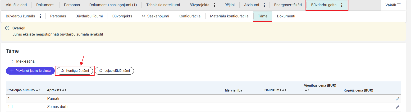 Attēls. Ielādēt tāmes pozīcijas.