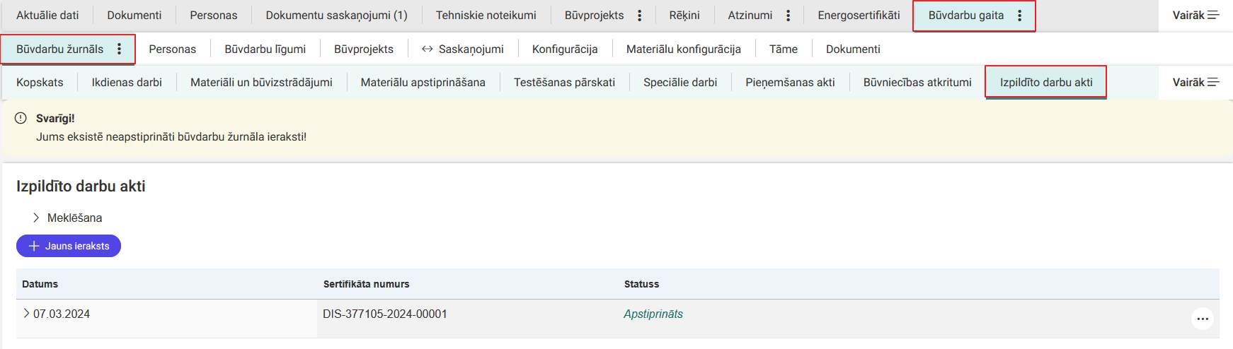 Attēls. Būvdarbu žurnāla sadaļa %22Izpildīto darbu akti%22.