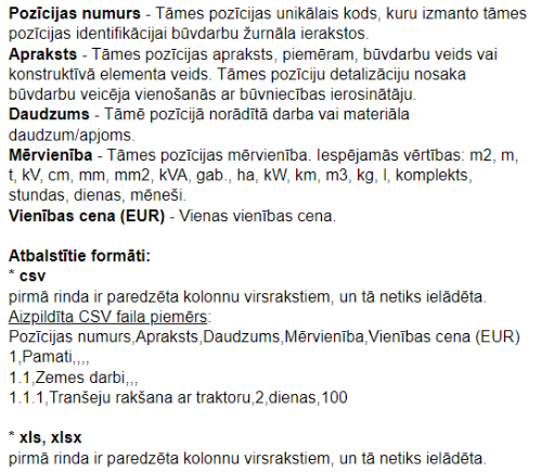 Attēls. Papildus informācija par tāmes aizpildīšanu.