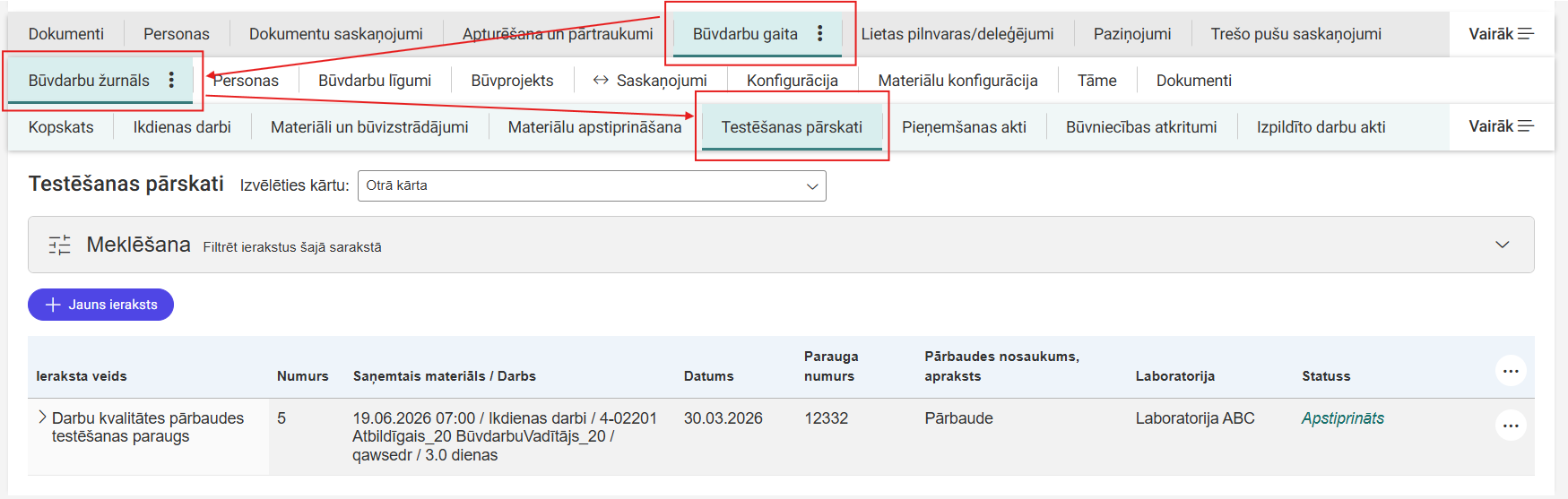 Attēls. Būvdarbu žurnāla sadaļa “Testēšanas pārskati”.