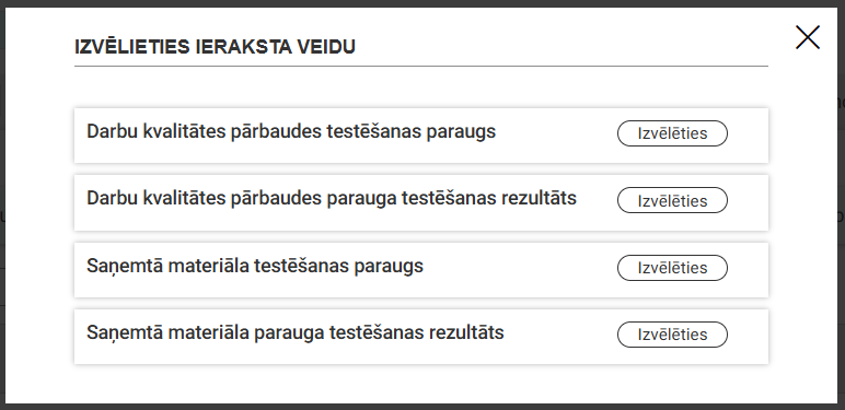Attēls. Testēšanas pārskata jauna ieraksta izvēle.