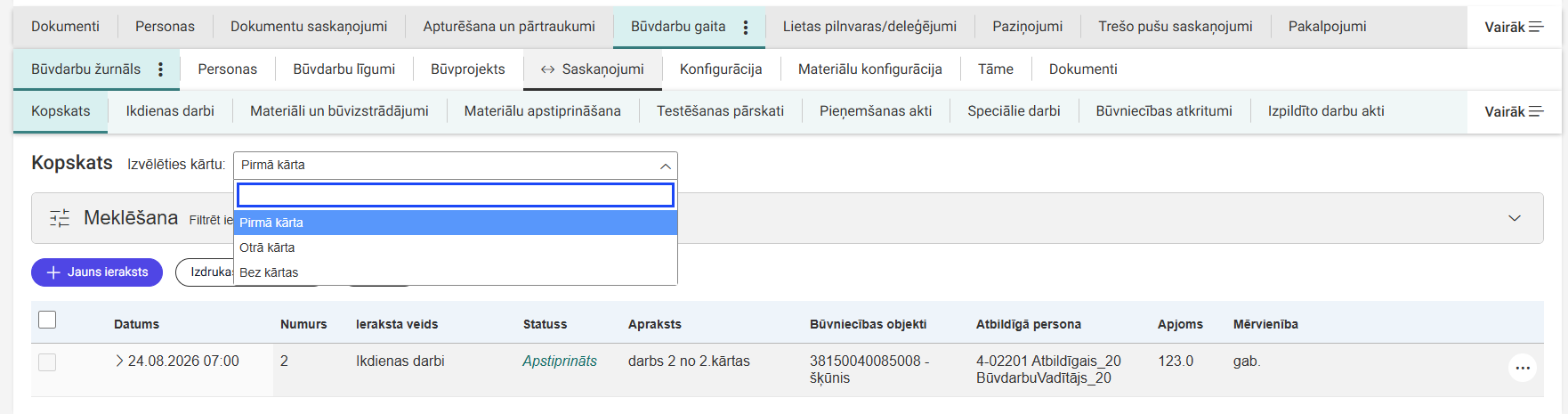 Attēls. Vairāku kārtu sadalījums būvdarbu žurnālā.
