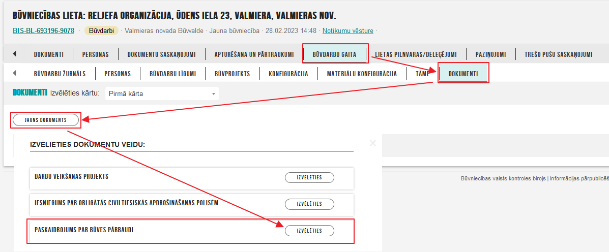 Attēls. Dokumenta %22Paskaidrojumu par būves pārbaudi%22 izveidošana.