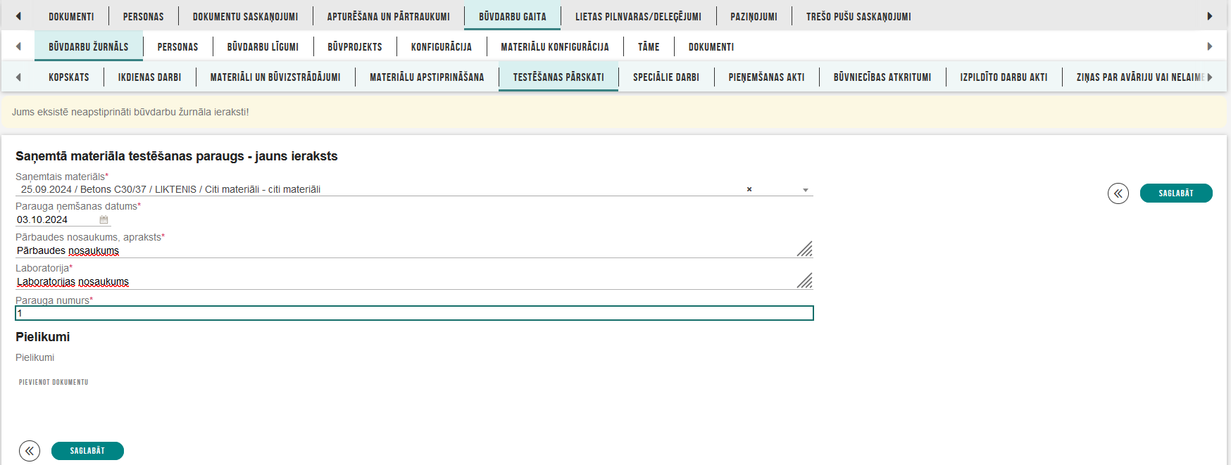 Attēls. Jauna ieraksta “Saņemtā materiāla/būvizstrādājuma testēšanas paraugs” izveidošana.