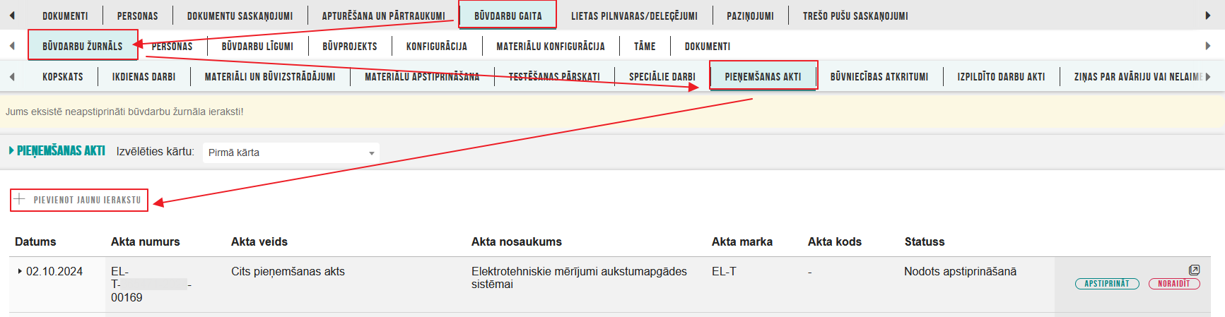 Attēls. Jauna ieraksta izveidošana no sadaļas %22Pieņemšanas akti%22.