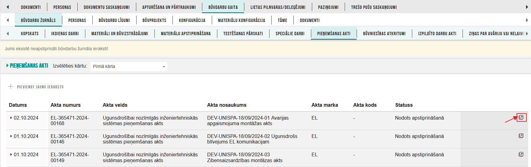 Attēls. Atvērt akta detalizēto informāciju