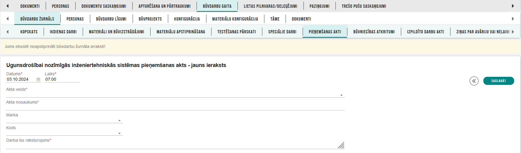 Attēls. Ugunsdrošībai nozīmīgās inženiertehniskās sistēmas pieņemšanas akta pamatdati.