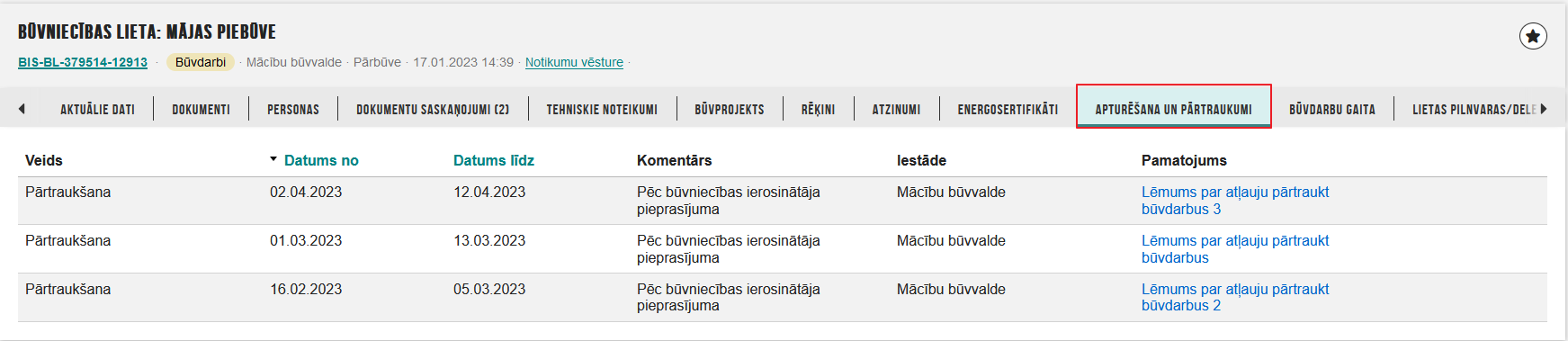 Būvniecības lietas sadaļa %22Apturēšana un pārtraukumi%22