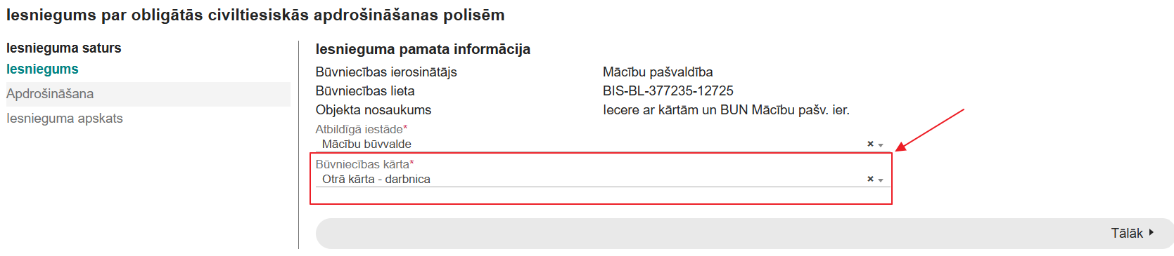 Attēls. Kārtas norādīšana iesniegumā par obligātās civiltiesiskās apdrošināšanas polisēm.