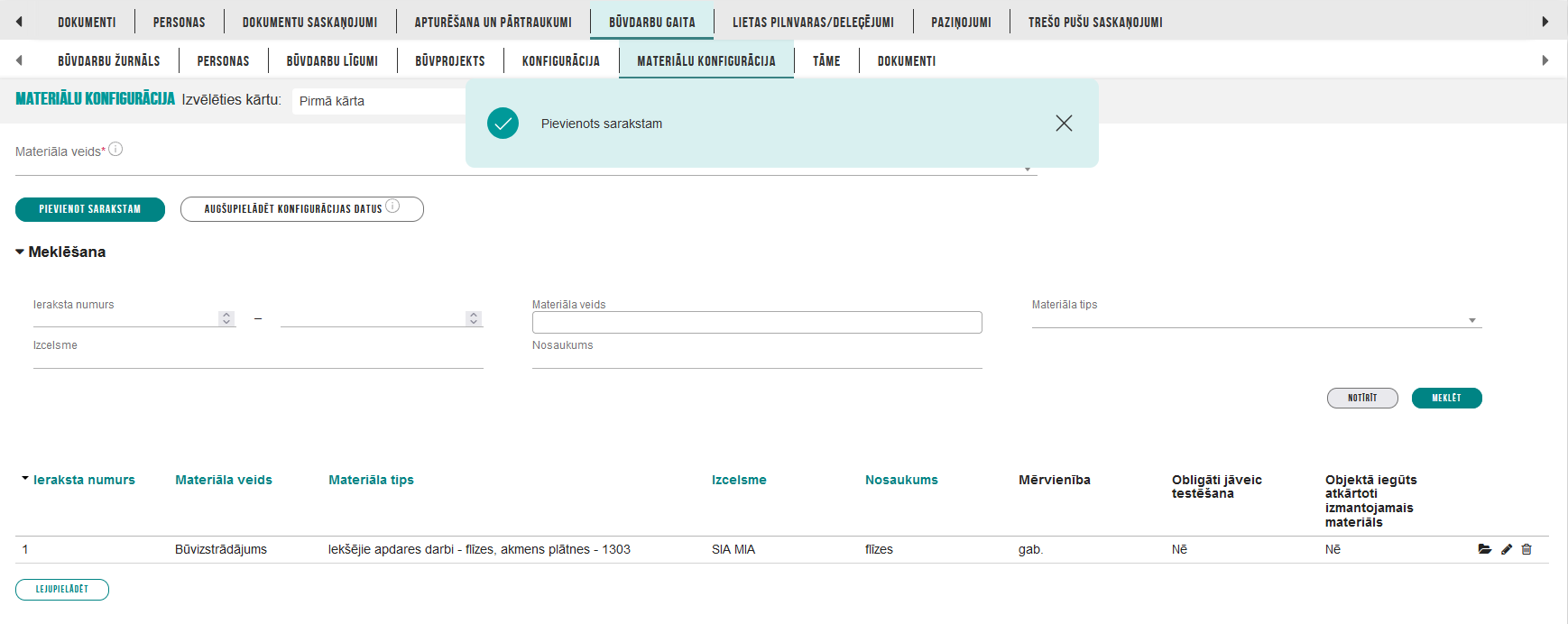 Attēls. Materiālu konfigurācijas ieraksta saglabāšana