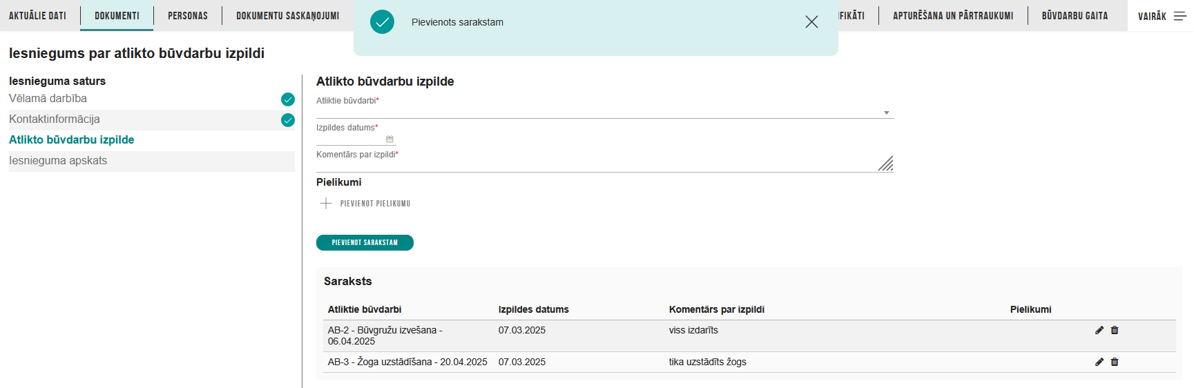 Attēls. Atlikto būvdarbu izpildes informācija.