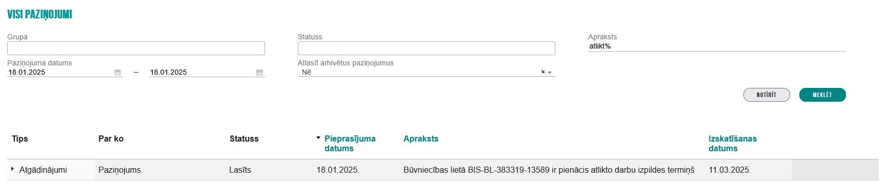 Attēls. Informatīvs paziņojums par atlikto būvarbu izpildes termiņa iestāšanos.