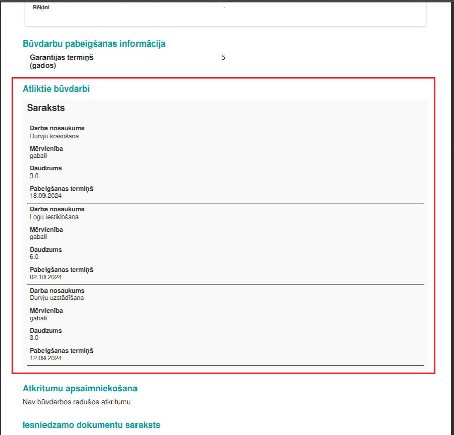 Attēls. Atlikto būvdarbu informācija pdf izdrukā.
