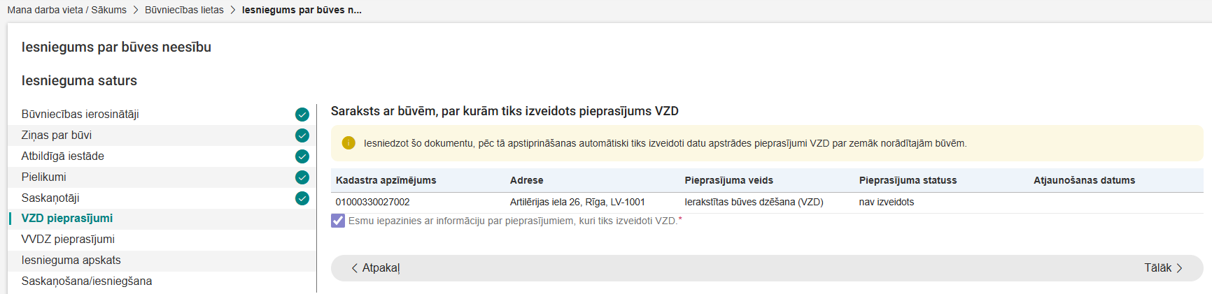 Attēls. Iesniegums par būves neesamību - solis %22VZD pieprasījumi%22.