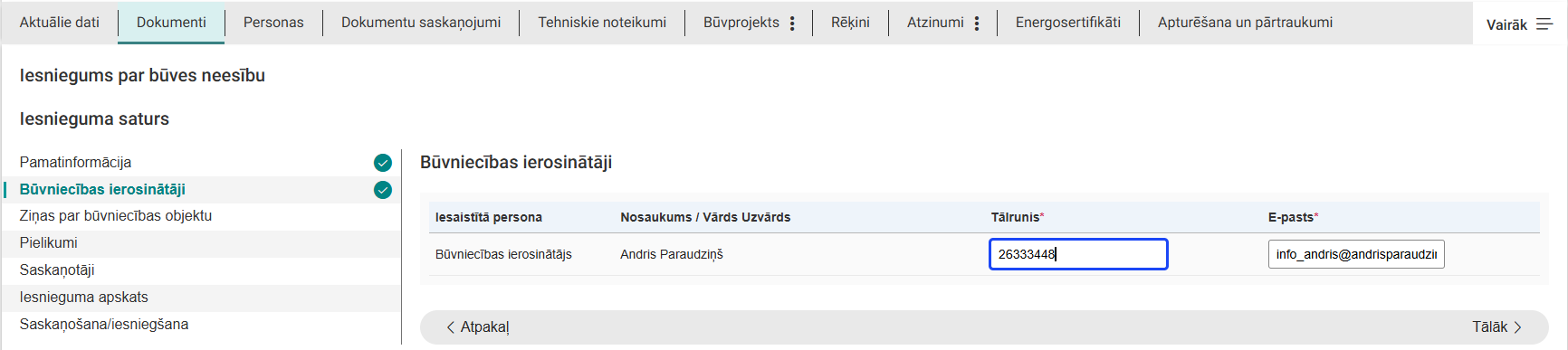 Attēls. Iesniegums par būves neesību solis %22Būvniecības ierosinātāji%22.