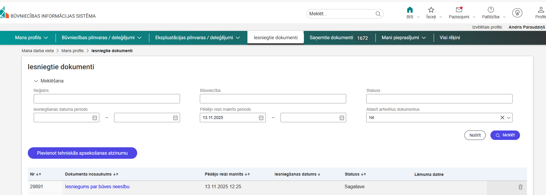 Attēls. Galvenās izvēlnes sadaļa %22Iesniegtie dokumenti%22.