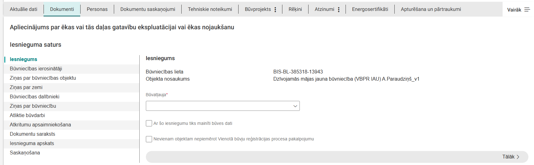 Attēls. Dokumenta %22Apliecinājums par ēkas vai tās daļas gatavību ekspluatācijai vai ēkas nojaukšanu%22 aizpildāmie soļi.