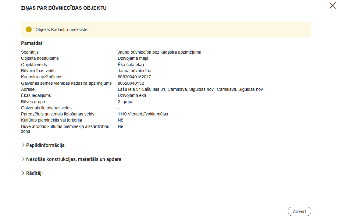 Attēls. Paziņojums par to, ka būve neeksistē, būves labošanas formā.