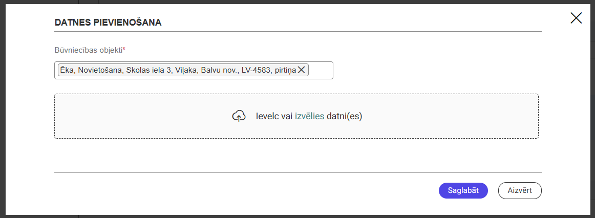 Attēls. Būvniecības objekta norādīšana pie Stāva plāna pievienošanas.