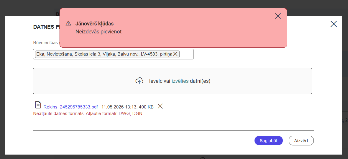 Attēls. Kļūdas paziņojums, ja neizdevās saglabāt datni.