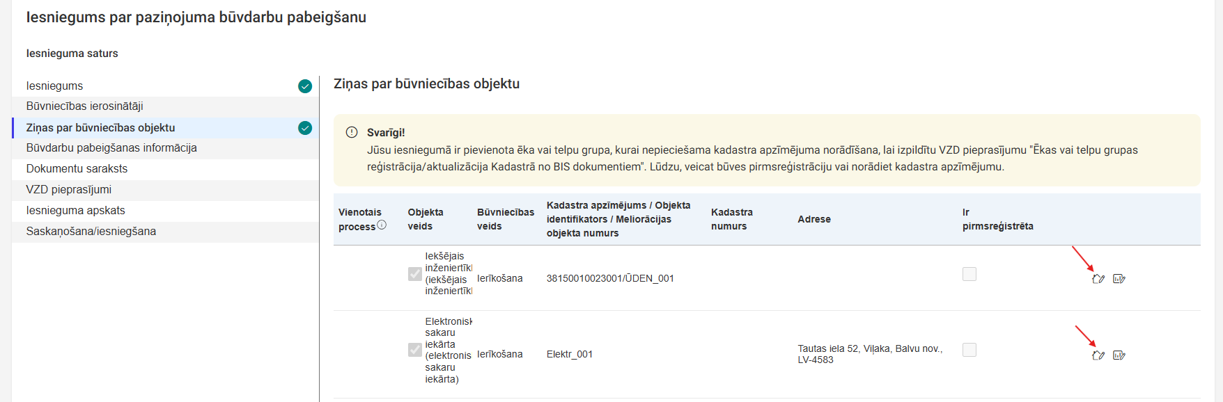 Attēls. Iespējota būves labošanas ikona.