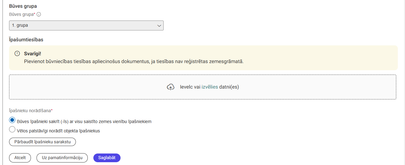Attēli. Būves datu labošanas ierobežojumi zem datu bloka %22Iesnieguma informācija%22.