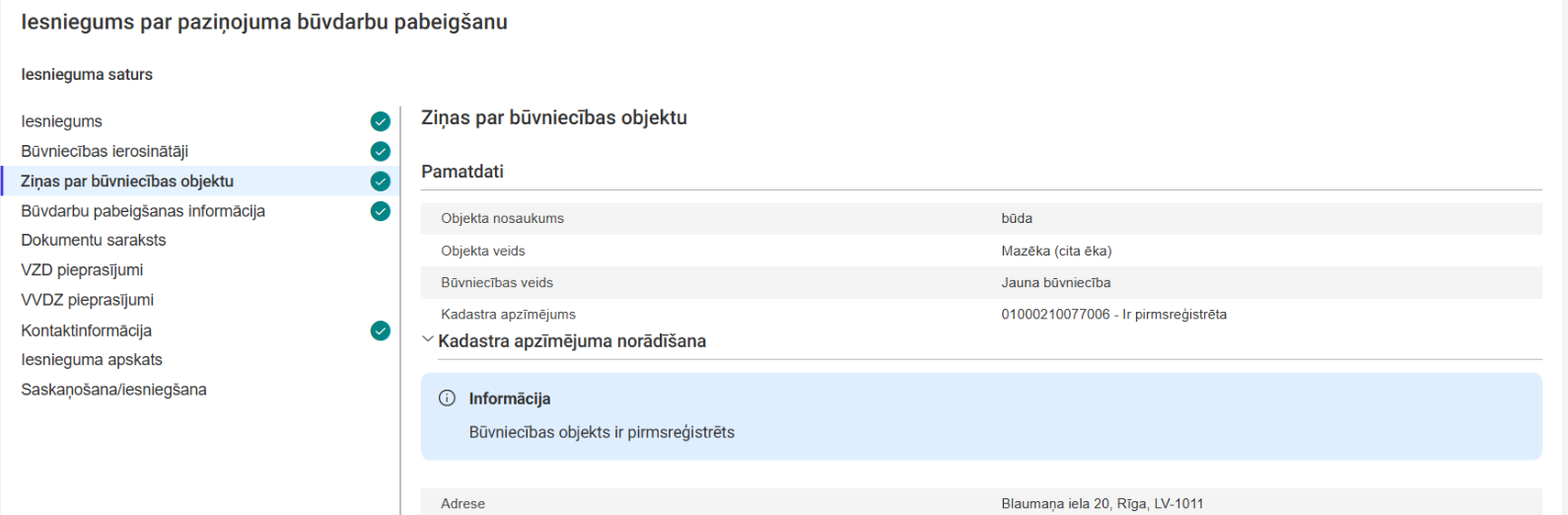 Attēls. Paziņojums “Būvniecības objekts ir pirmsreģistrēts”.