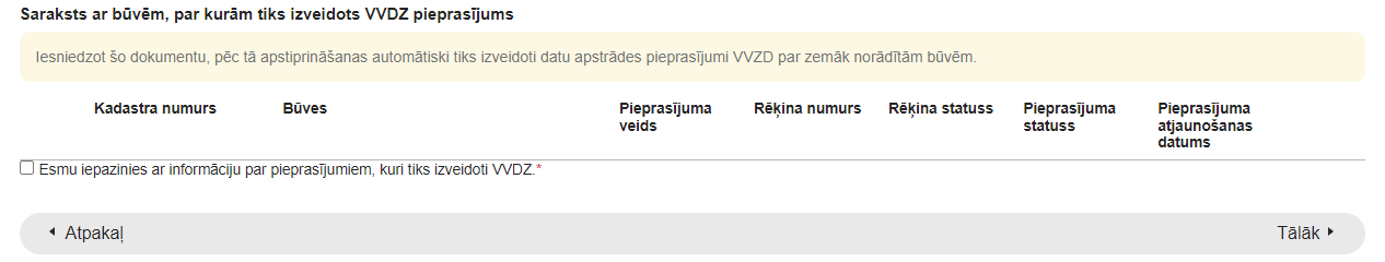 Attēls. Iesnieguma par būves neesamību solī %22VVDZ pieprasījumi%22