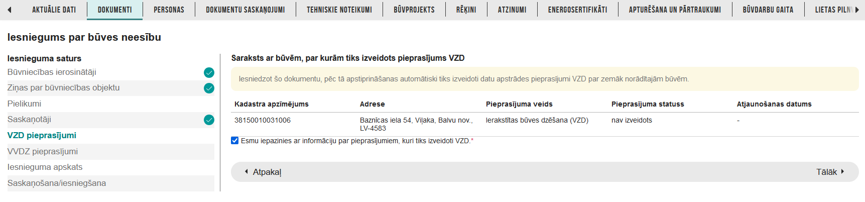Attēls. Iesniegums par būves neesamību solis %22VZD pieprasījumi%22
