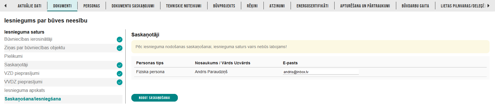 Attēls. Iesniegums par būves neesību solis %22Saskaņošana/iesniegšana%22.