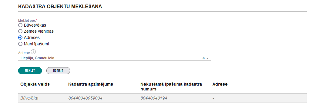 Attēls. Iesniegums par būves neesību – kadastra objekta meklēšana