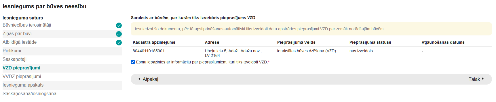 Attēls. Iesniegums par būves neesamību solī %22VZD pieprasījumi%22