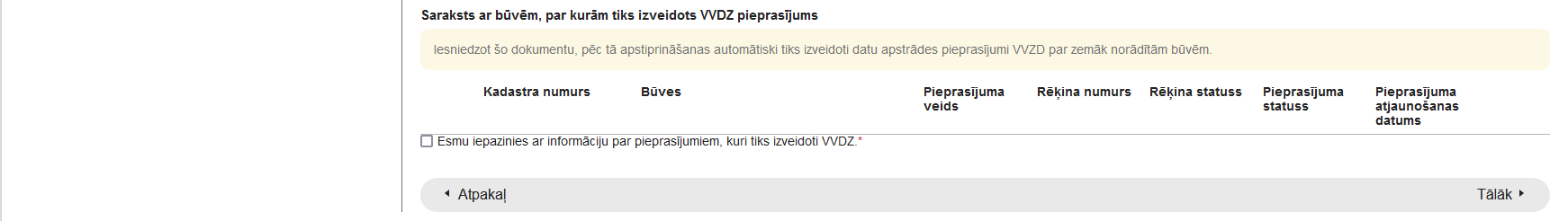Attēls. Iesnieguma par būves neesamību solī %22VVDZ pieprasījumi%22