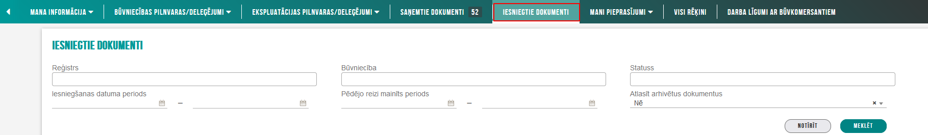 Attēls. Galvenās izvēlnes sadaļa %22Iesniegtie dokumenti%22.
