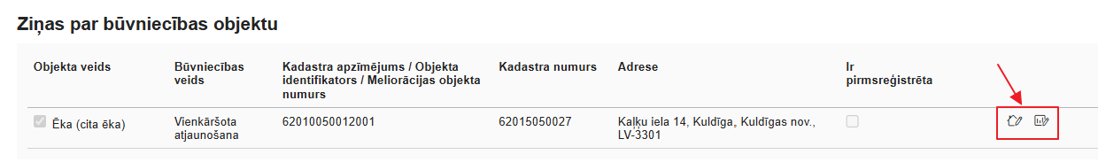 Attēls. Būvniecības objekta datu labošana.
