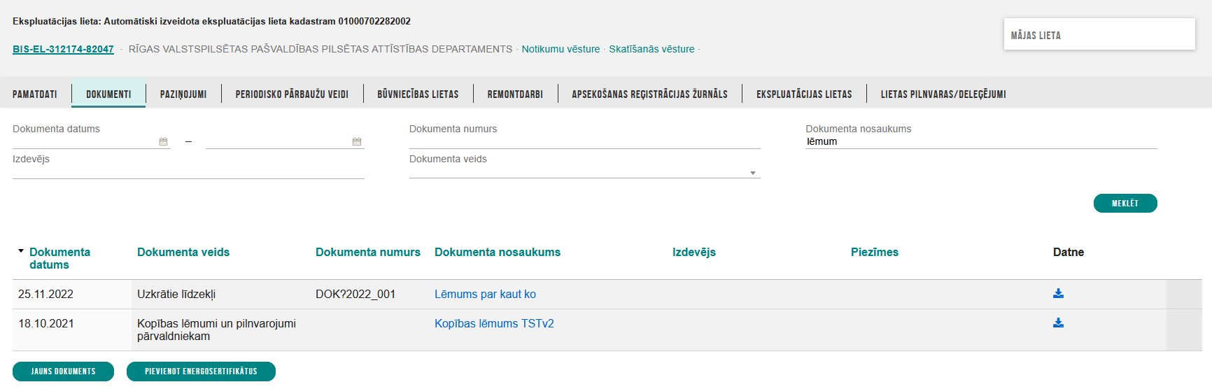 Attēls. Ekspluatācijas lietas sadaļa “Dokumenti”.