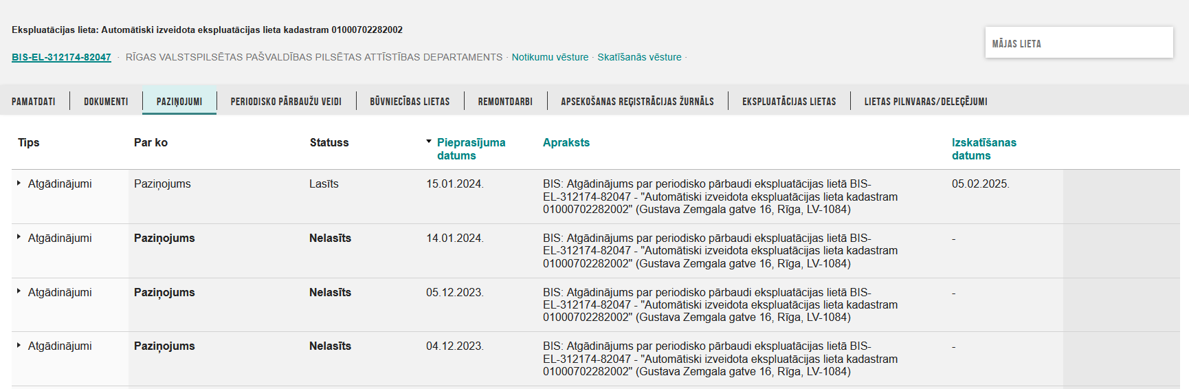 Attēls. Ekspluatācijas lietas sadaļa “Paziņojumi”.