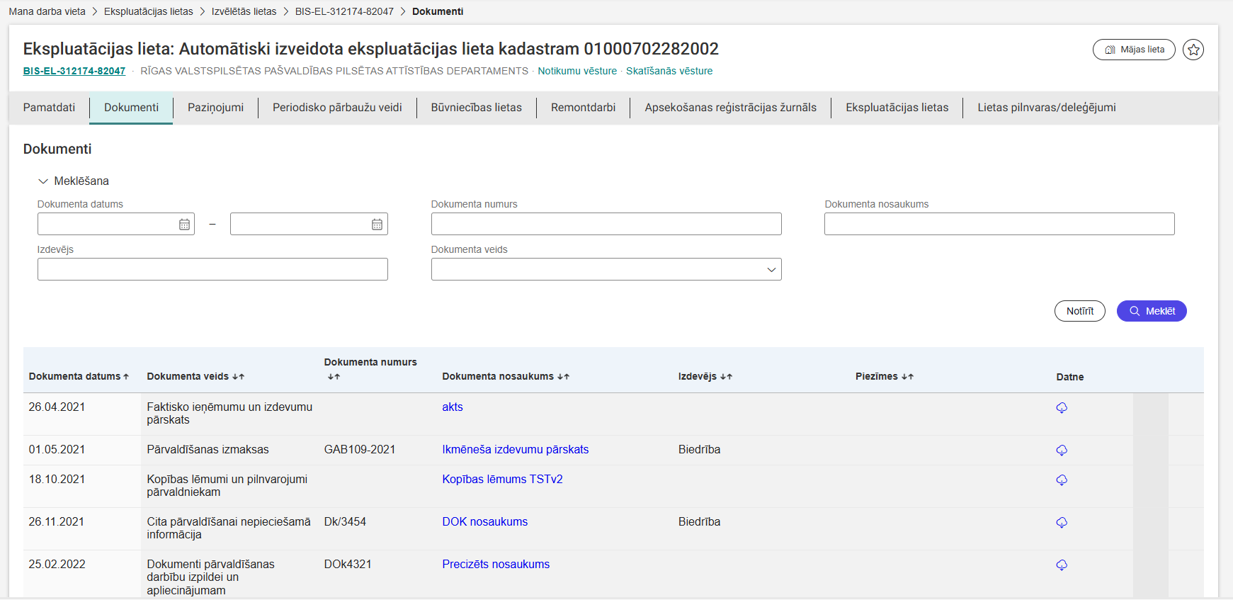 Attēls. Ekspluatācijas lietas sadaļa “Dokumenti”.